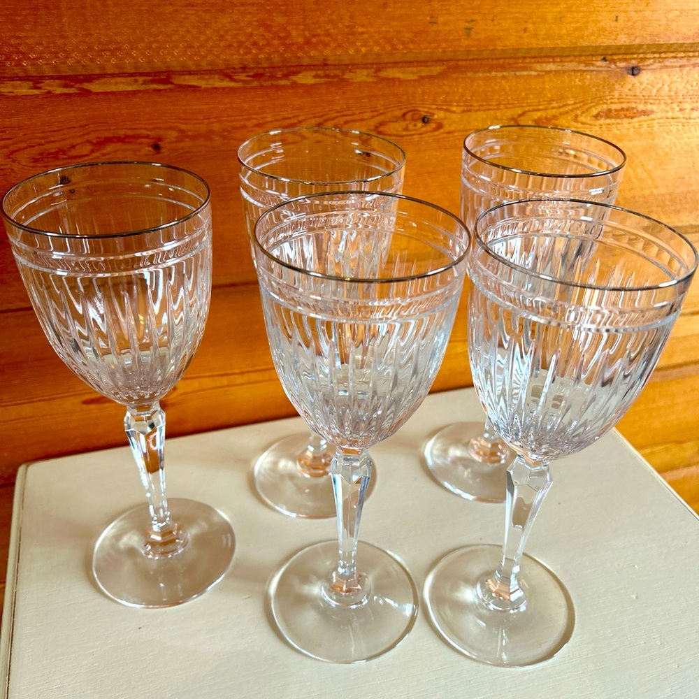 Set of 5 Waterford Crystal Marquis HANOVER Platinum Rim Wine glasses.